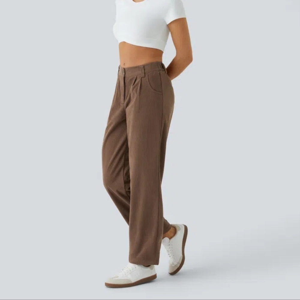 Halara Mid Rise Button Zipper Side Pocket Corduroy Casual Pants XS Brown